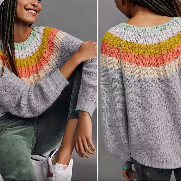 Anthropologie Colleen Striped Pullover Wool Alpaca Sweater Top Womens Gray Sz S - Picture 1 of 10